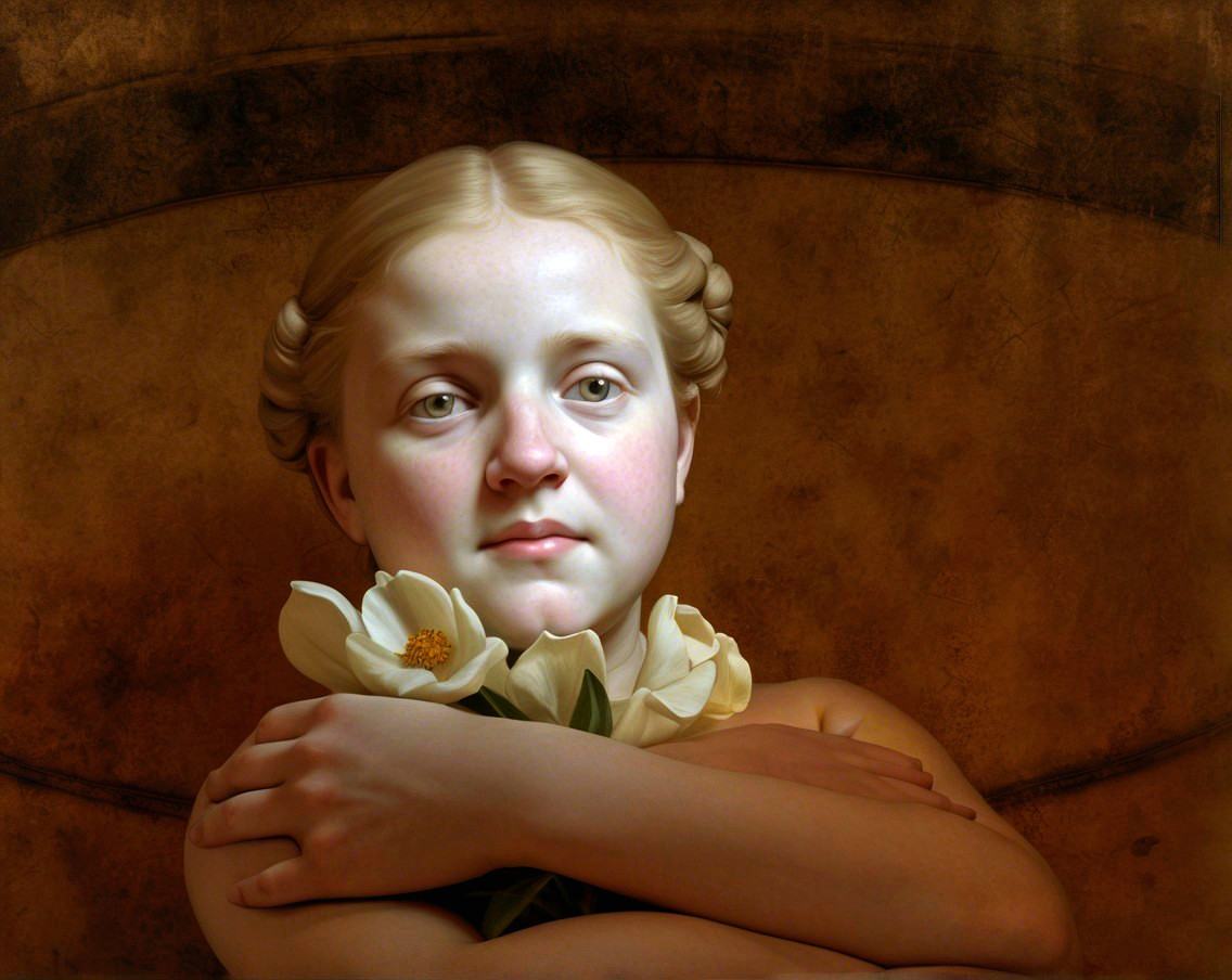 Young girl with blonde hair and white flowers portrait