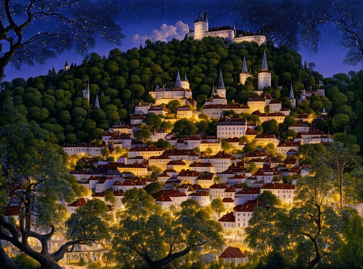 Historic town on hill with castle at twilight
