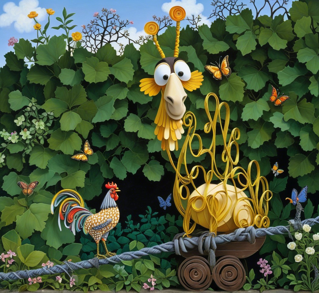 Cartoon Snail Making Pasta with Rooster and Butterflies
