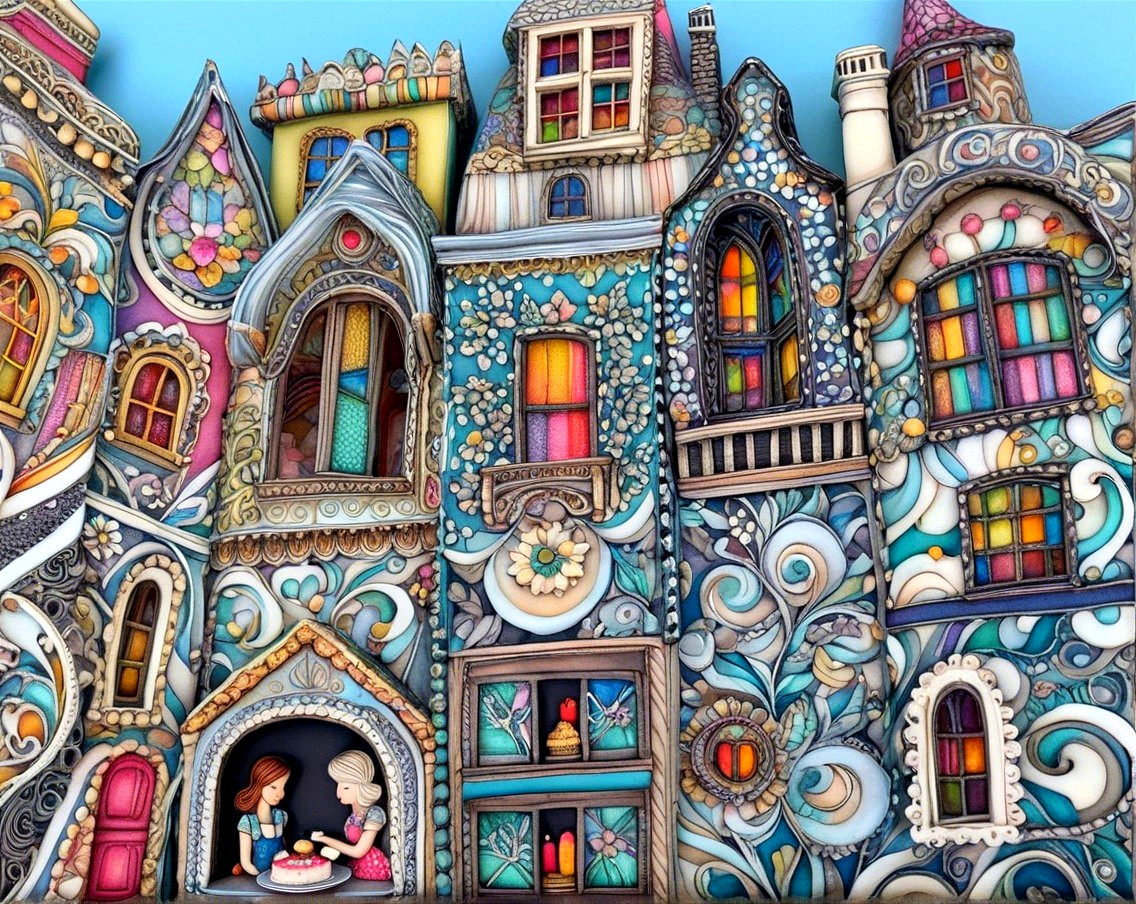 Colorful Facade of Houses with Whimsical Figures