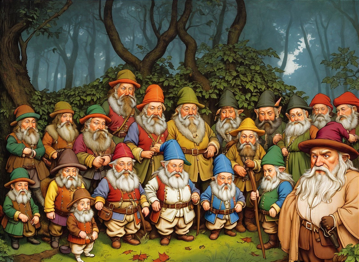 Whimsical Gnomes in a Colorful Forest Gathering