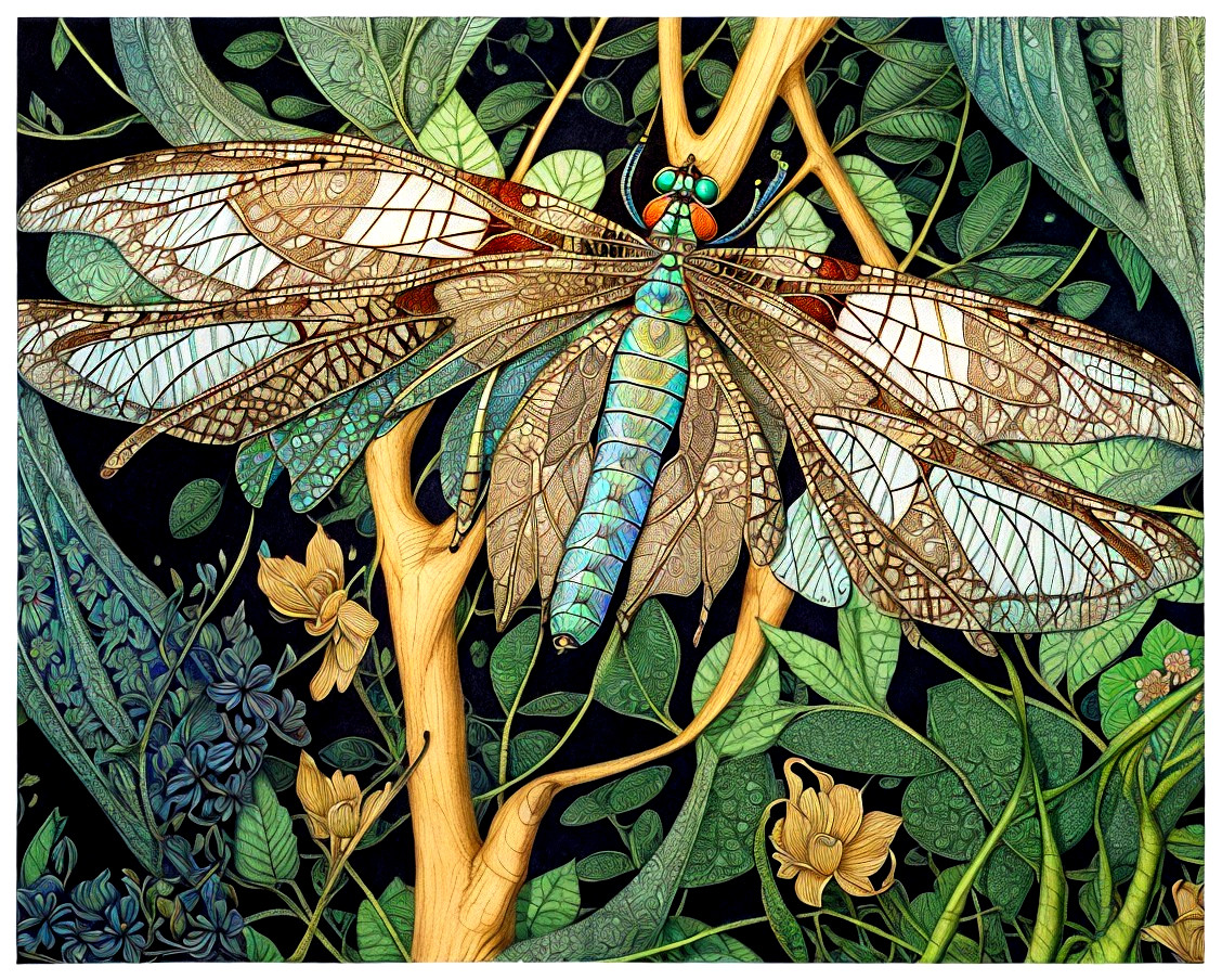 Colorful Dragonfly Illustration Surrounded by Foliage