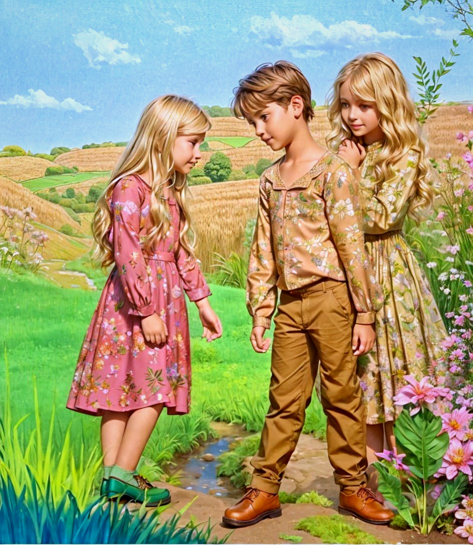 Children Playing in a Colorful Pastoral Landscape