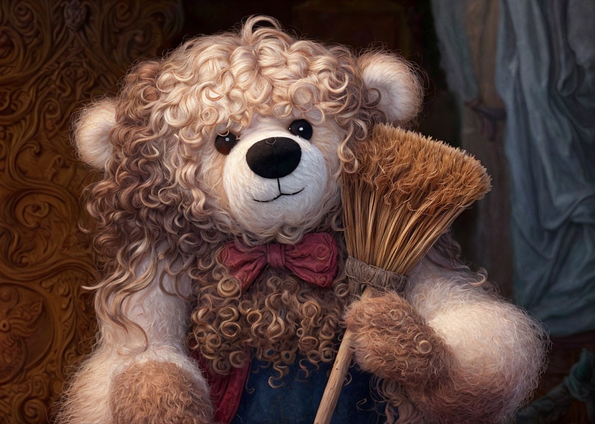 Charming Teddy Bear with Broom and Whimsical Background
