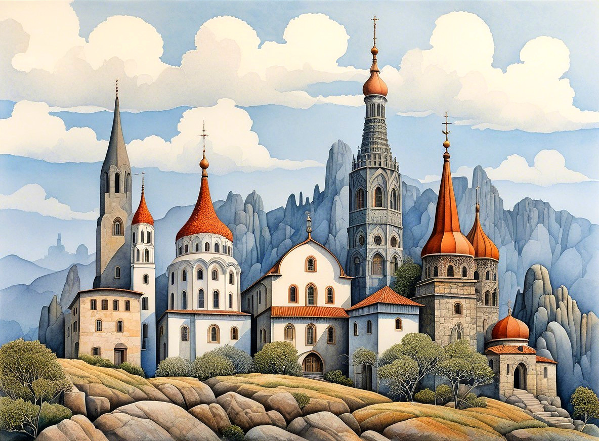 Whimsical Landscape with Diverse Architectural Styles