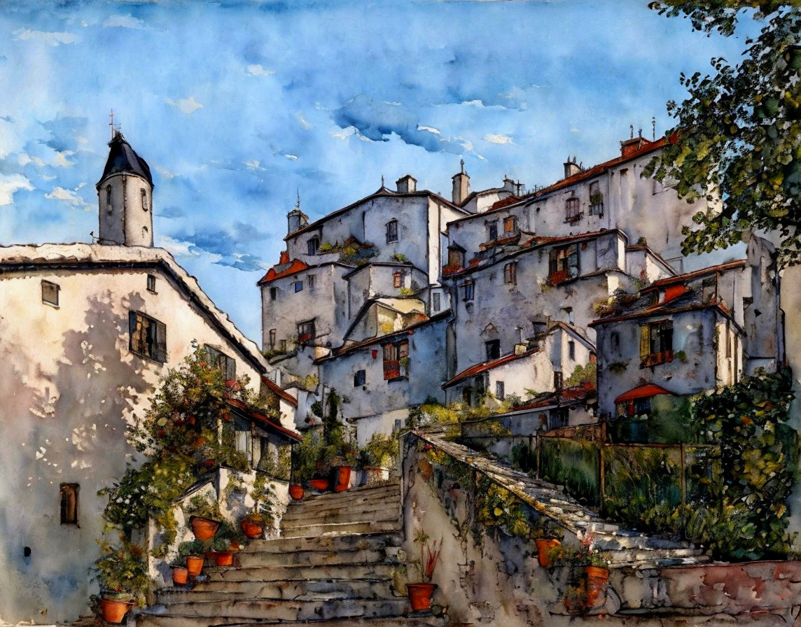 Charming hillside village with whitewashed buildings