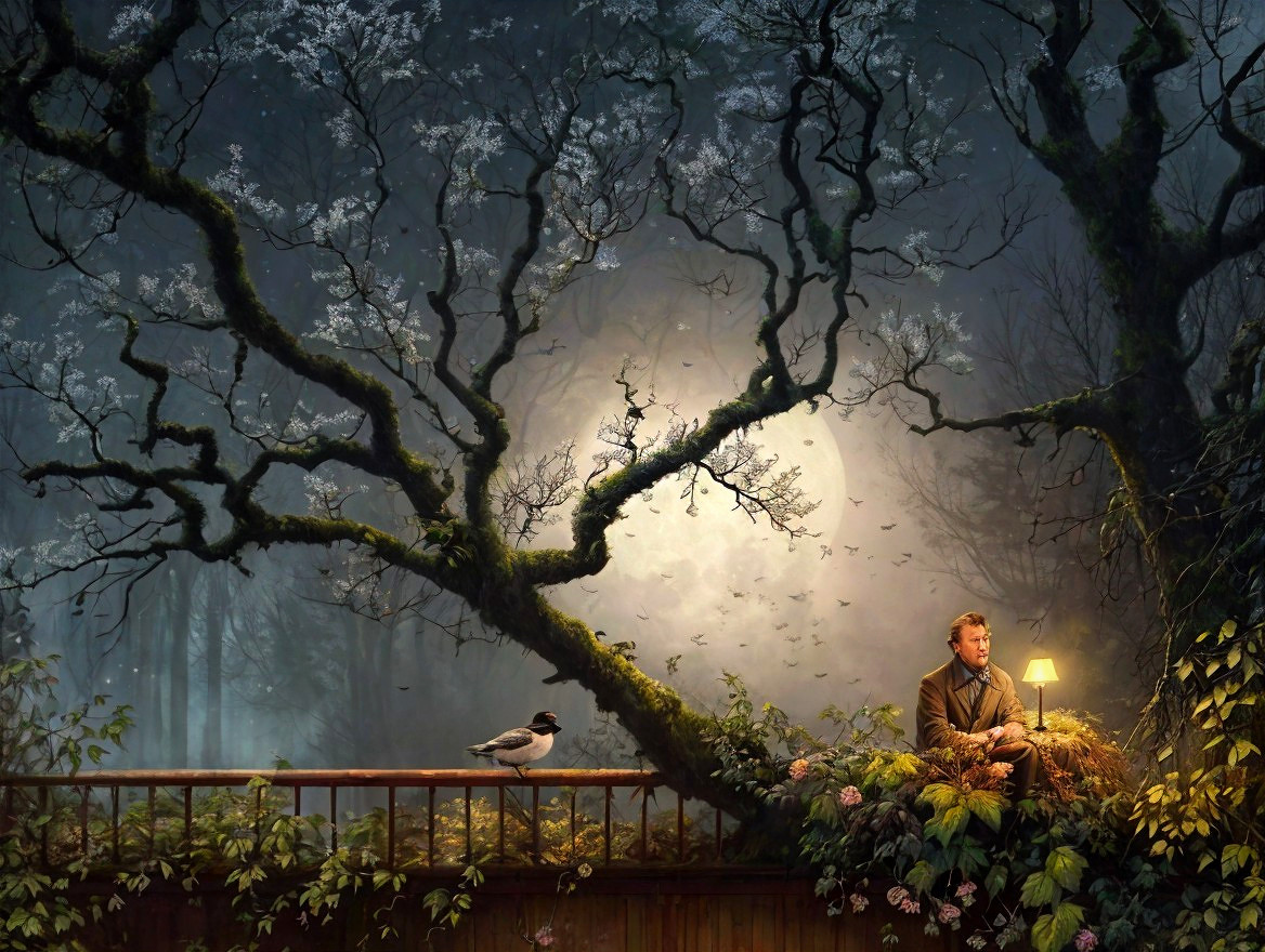Mystical Forest Scene with Man on Balcony at Night