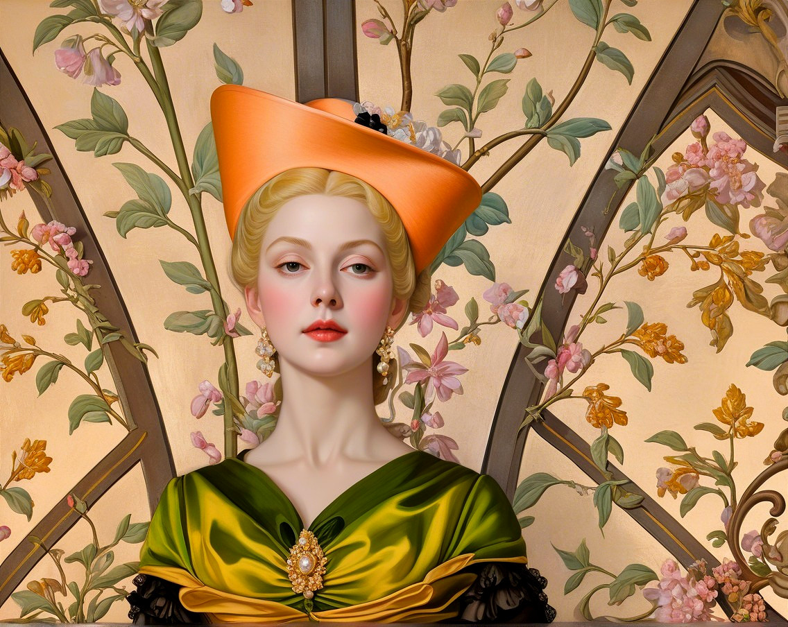 Portrait of a Woman in Green Dress with Orange Hat