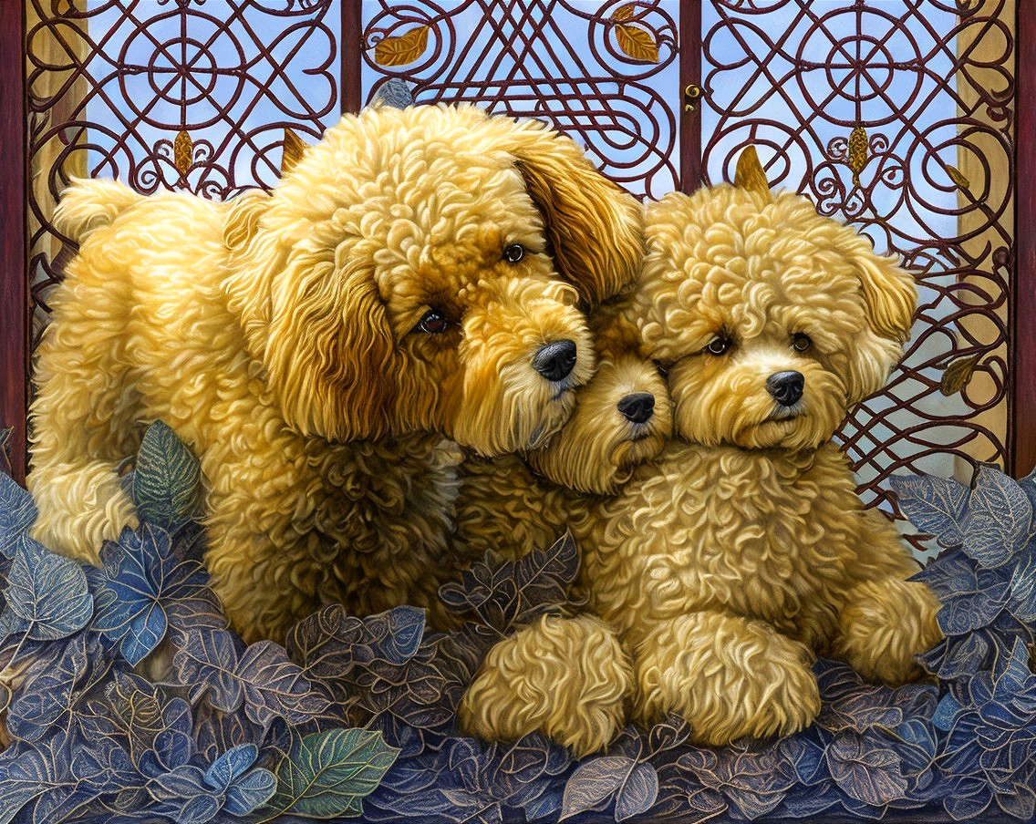 Golden Dogs Nestled Together in Lush Foliage