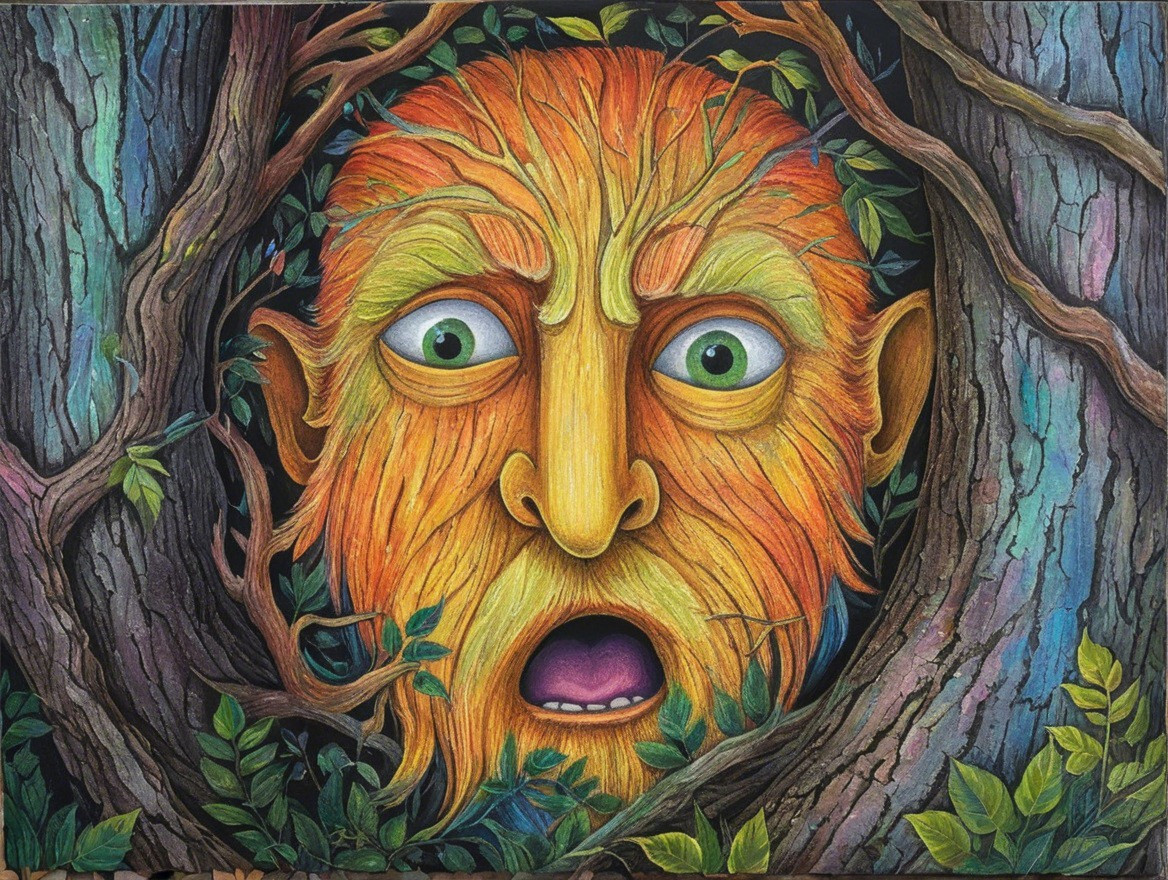 Vivid Face Within Tree Bark and Green Foliage