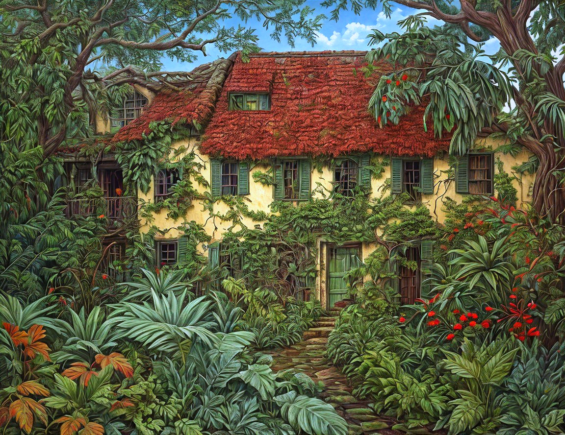 Ivy-Covered House with Red Thatched Roof in Nature