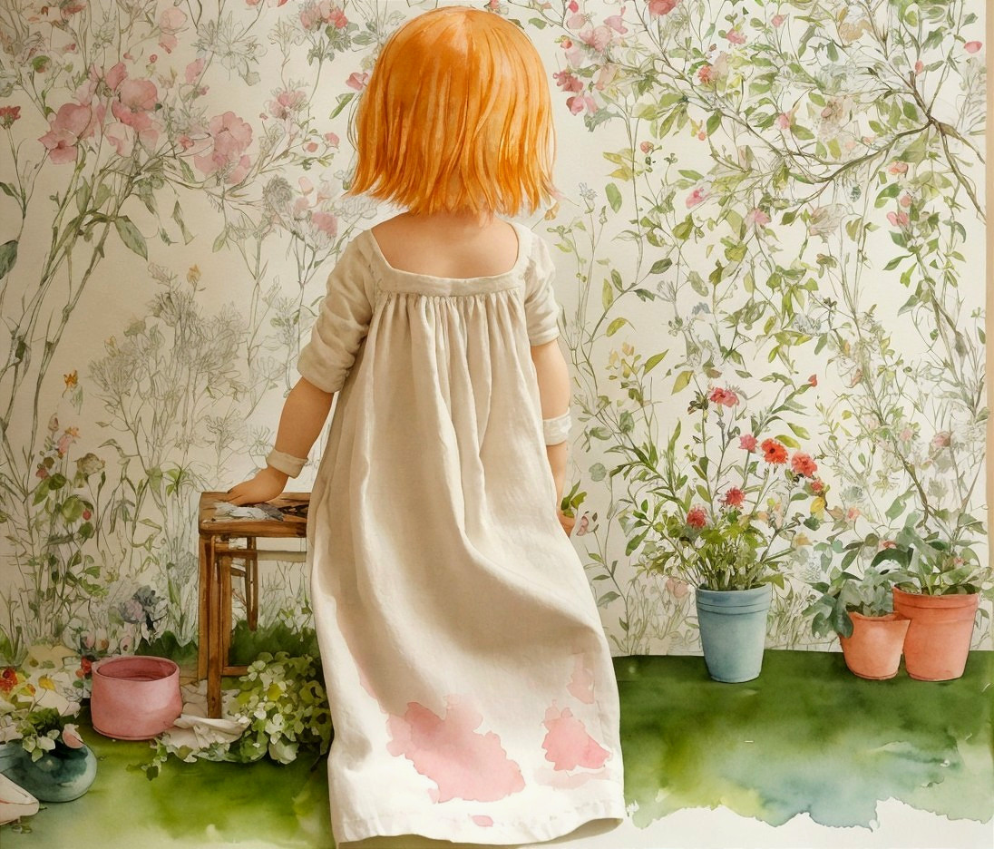 Doll with Orange Hair in Floral Backdrop Setting