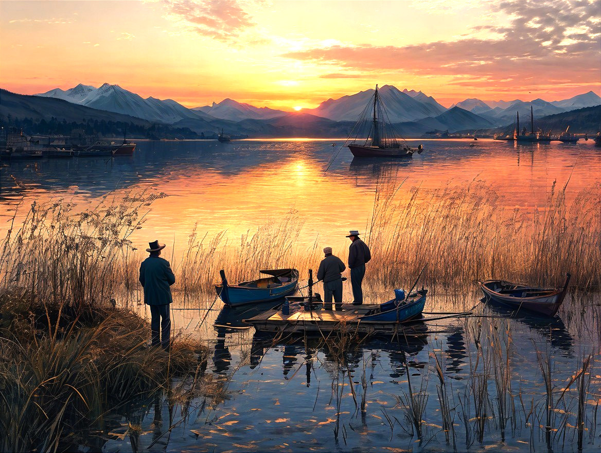 Serene Lakeside Sunset with Fishing and Mountains