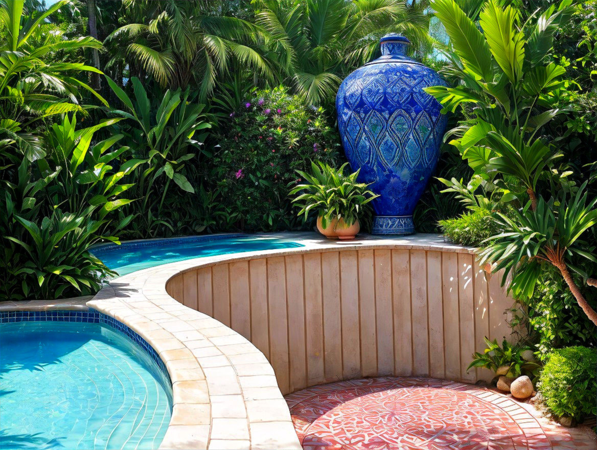 Tropical Oasis with Winding Pool and Lush Greenery