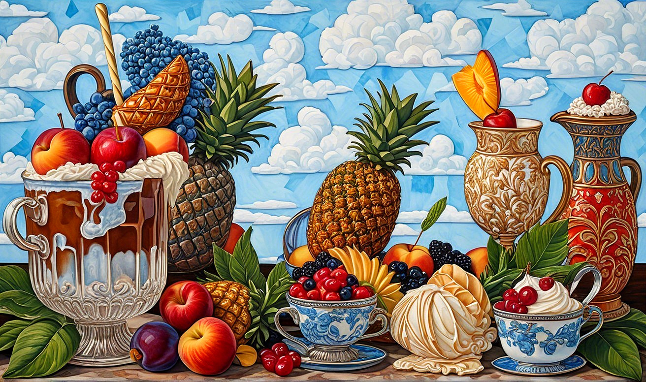 Vibrant Still Life with Colorful Fruits and Porcelain