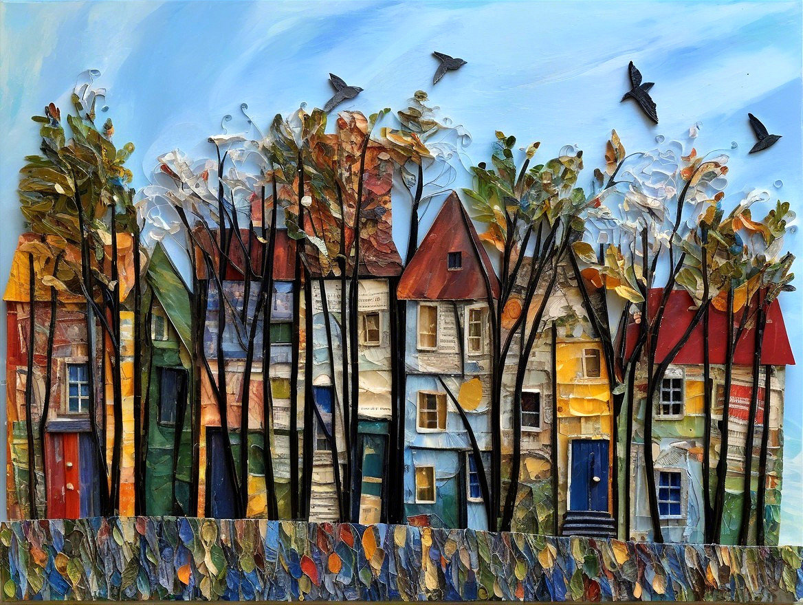 Vibrant Mixed-Media Artwork of Colorful Houses and Trees