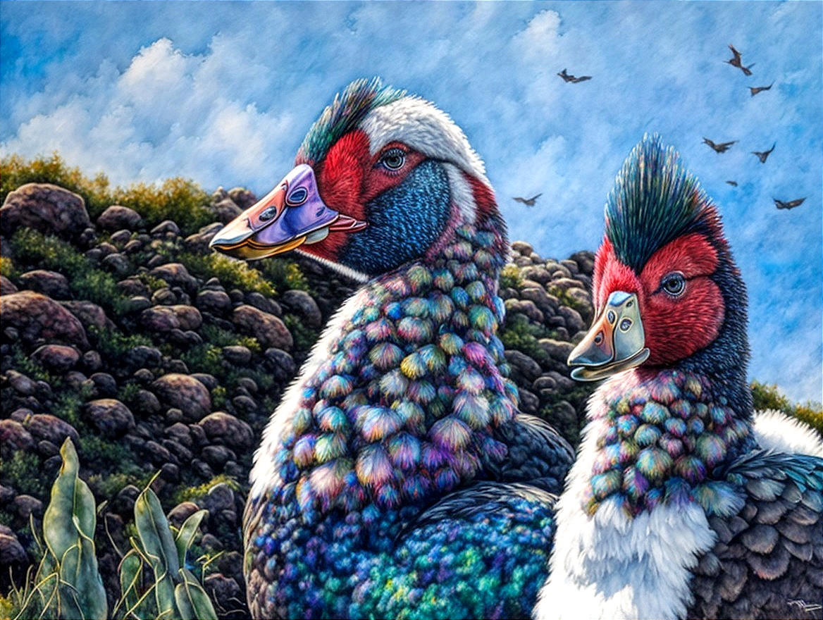 Vividly Colored Ducks Against Rocky Terrain and Sky