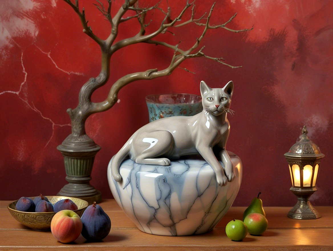 Porcelain Cat Sculpture on Marbled Vase with Fruits