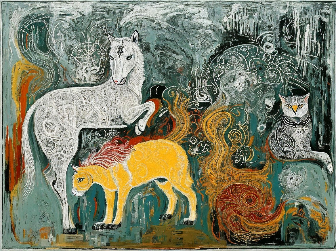 Whimsical Artwork with Animals in Abstract Background