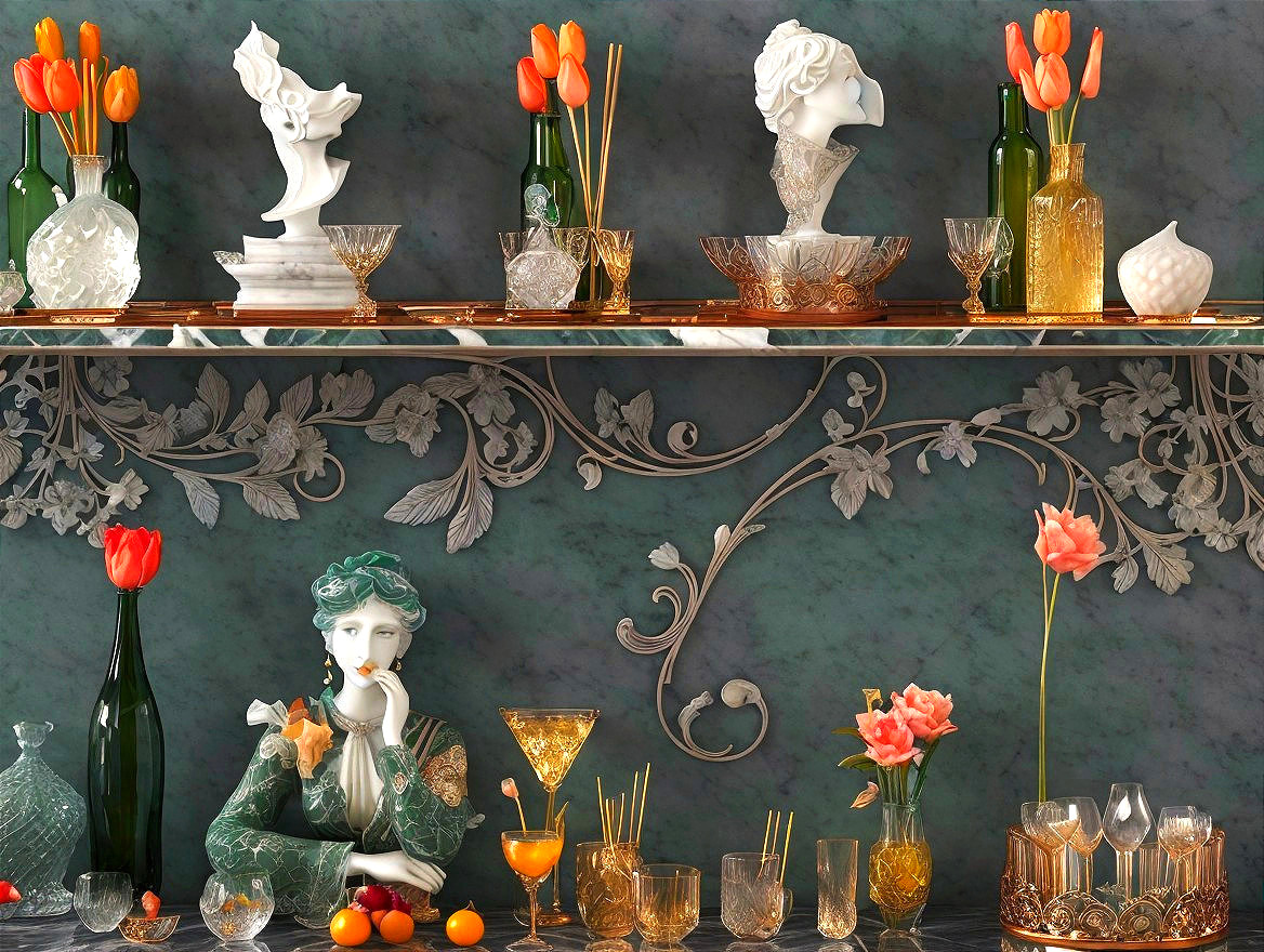 Elegant Sculptures and Glassware on Green Backdrop