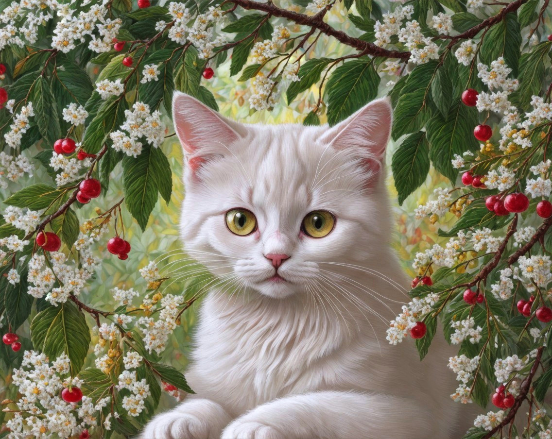 White Cat with Amber Eyes in Lush Greenery