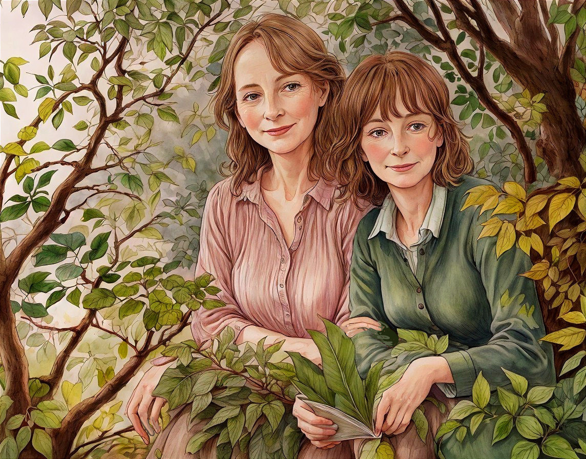 Women in Lush Greenery with Warm Expressions