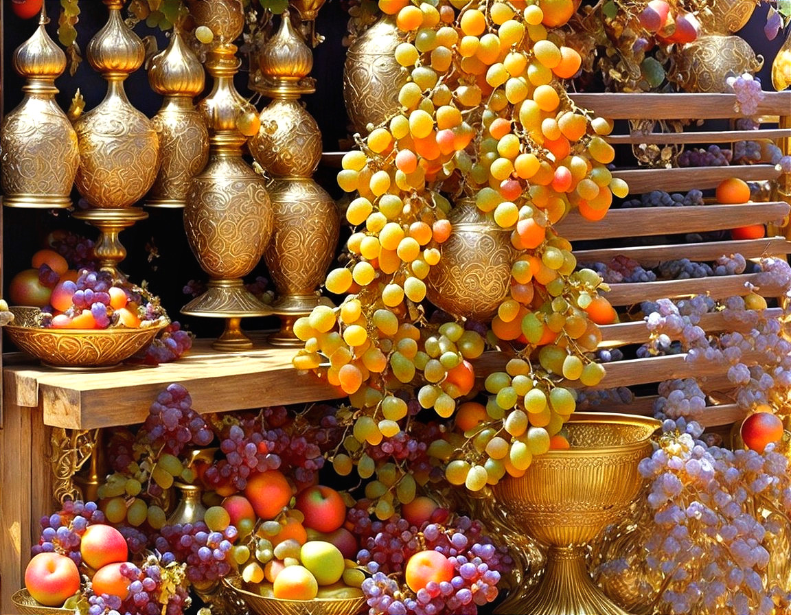 Golden vases and bowls with fruits in a vibrant still life display