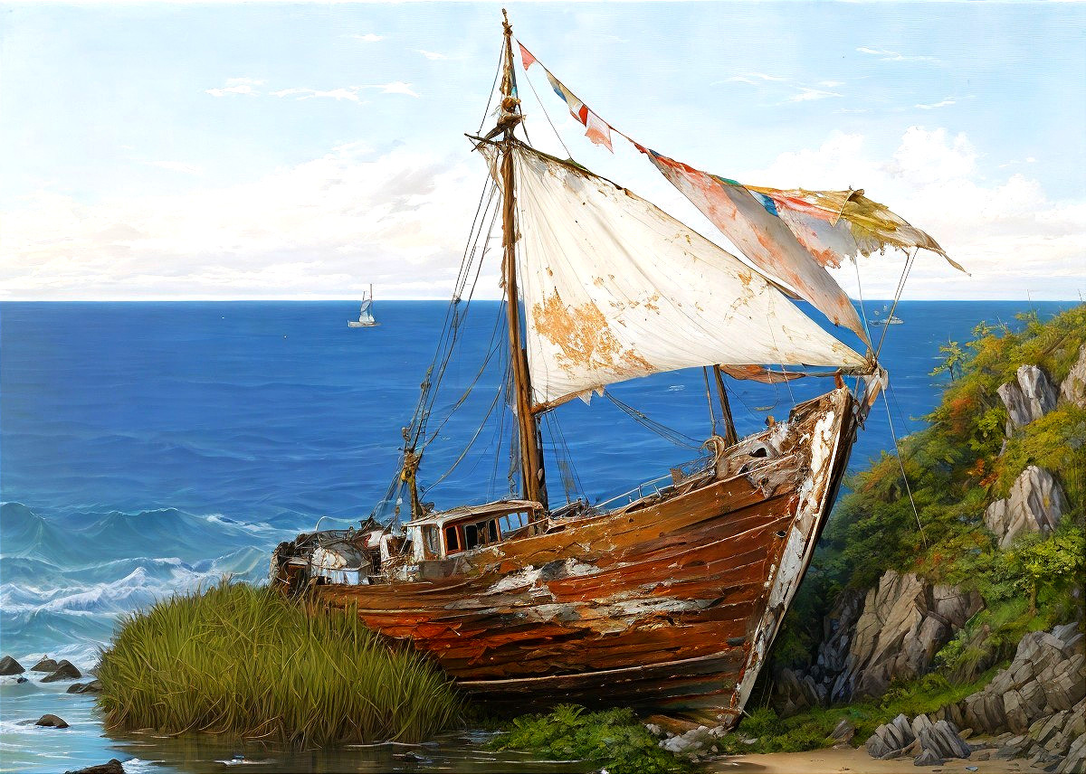 Weathered sailing boat stranded on rocky shore with tattered sails and distant ship under cloudy sky