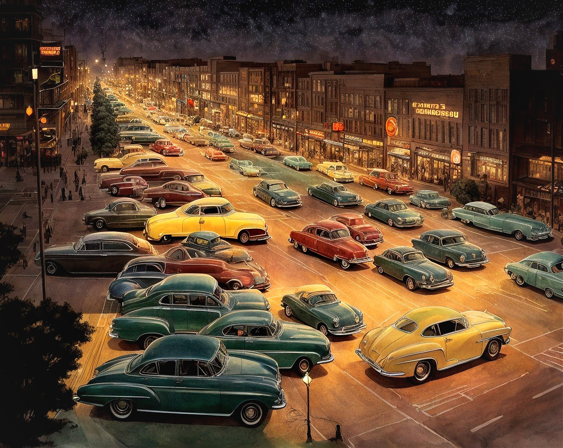 Vintage Street at Dusk with Classic Cars Parked in Warm Glow