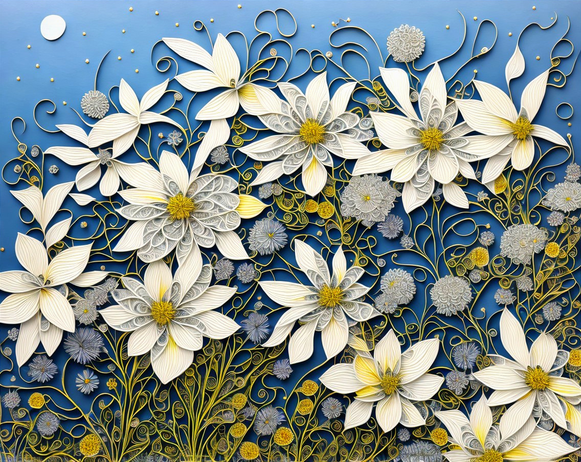 Vibrant Paper Quilling Artwork of Flowers and Night Sky