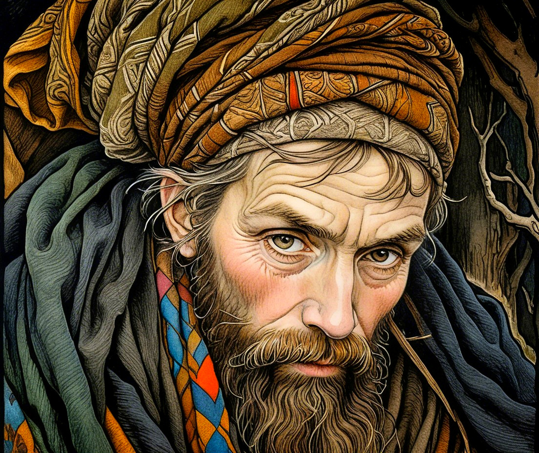 Elderly Man with Weathered Face and Earthy Turban