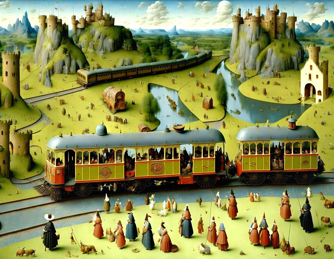 Colorful vintage-style trains in fantastical landscape with castles & elegantly dressed figures
