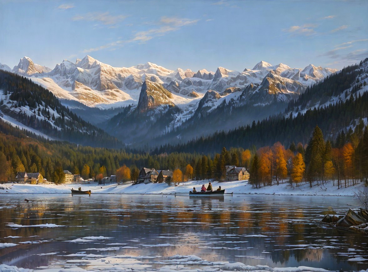 Serene Winter Landscape with Snowy Mountains and River