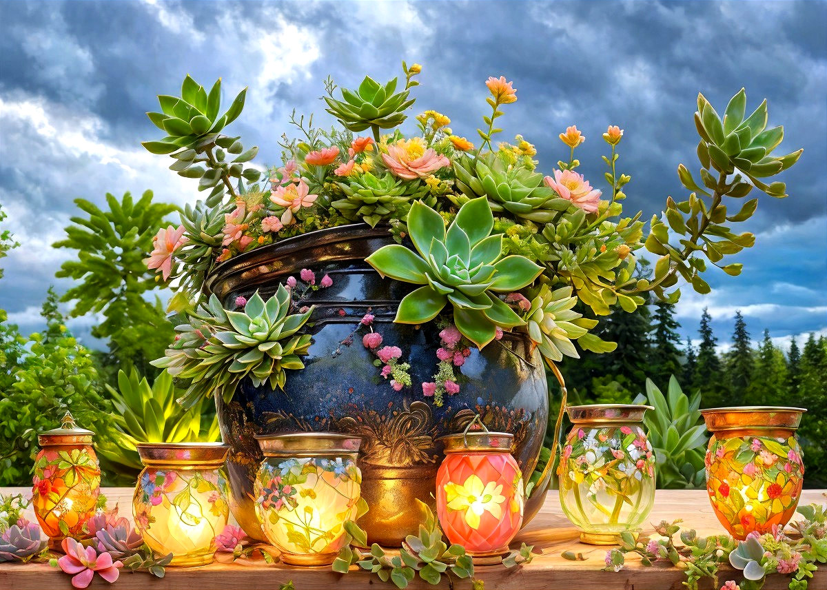 Vibrant Succulents and Flowers in Ornate Pot