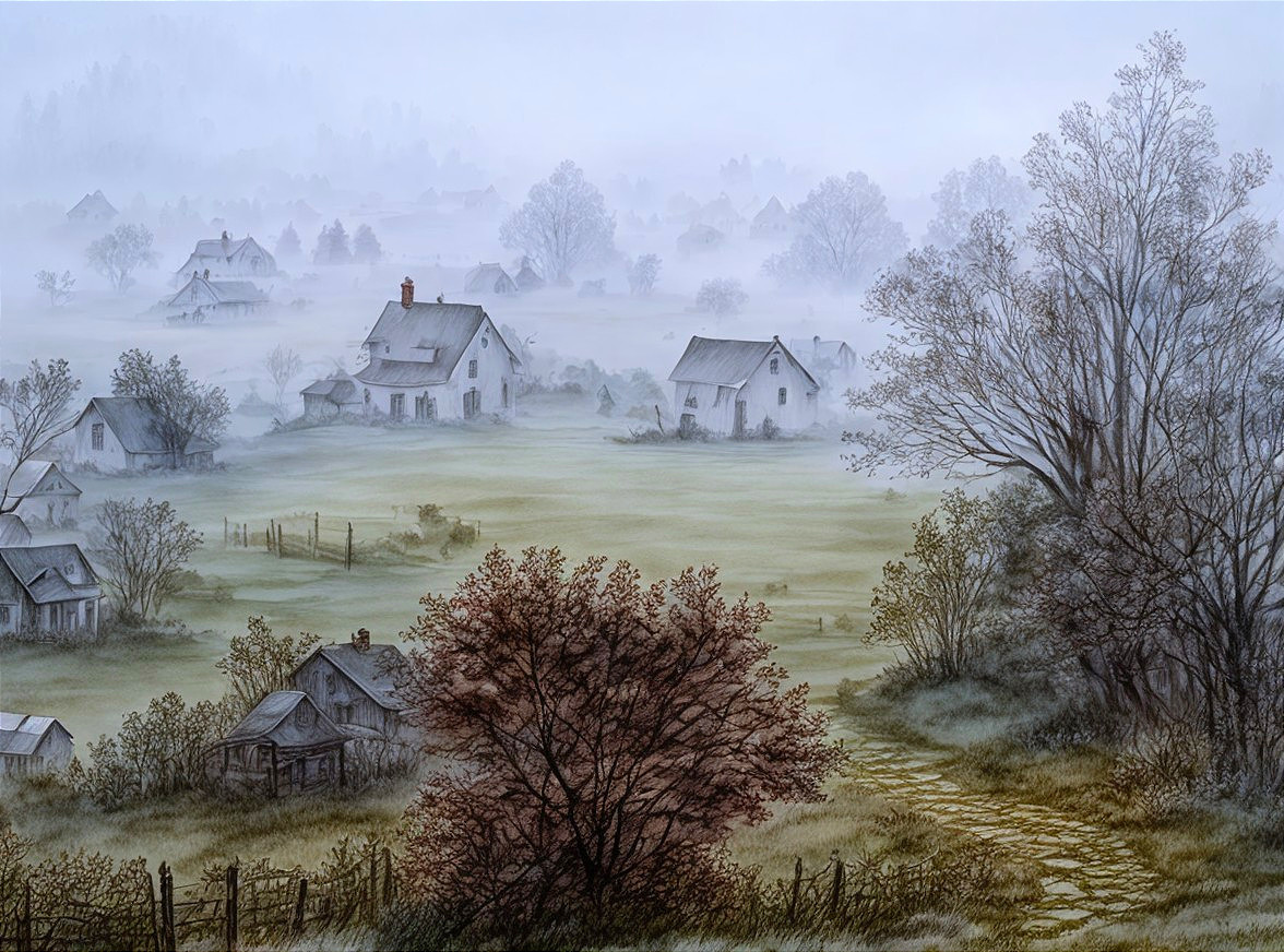 Misty landscape with rustic houses, green fields, and autumn trees