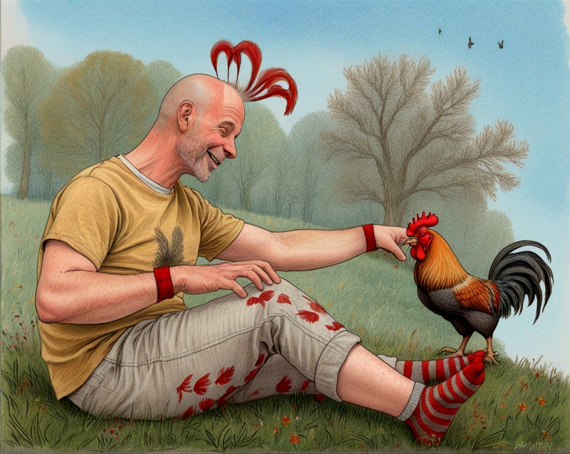 Cheerful man with rooster hair and playful cock on hill