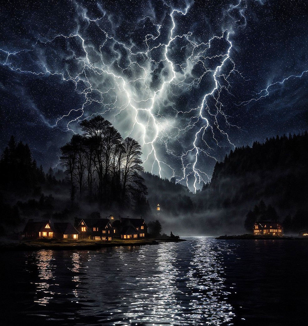 Nocturnal Lightning Storm Over Serene Lake and Cabins