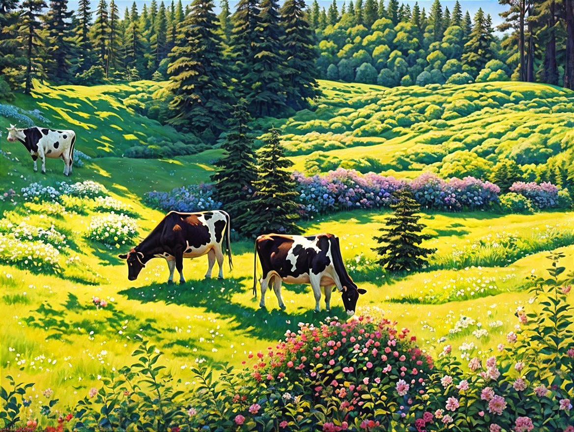 Lush Green Hills with Wildflowers and Grazing Cows