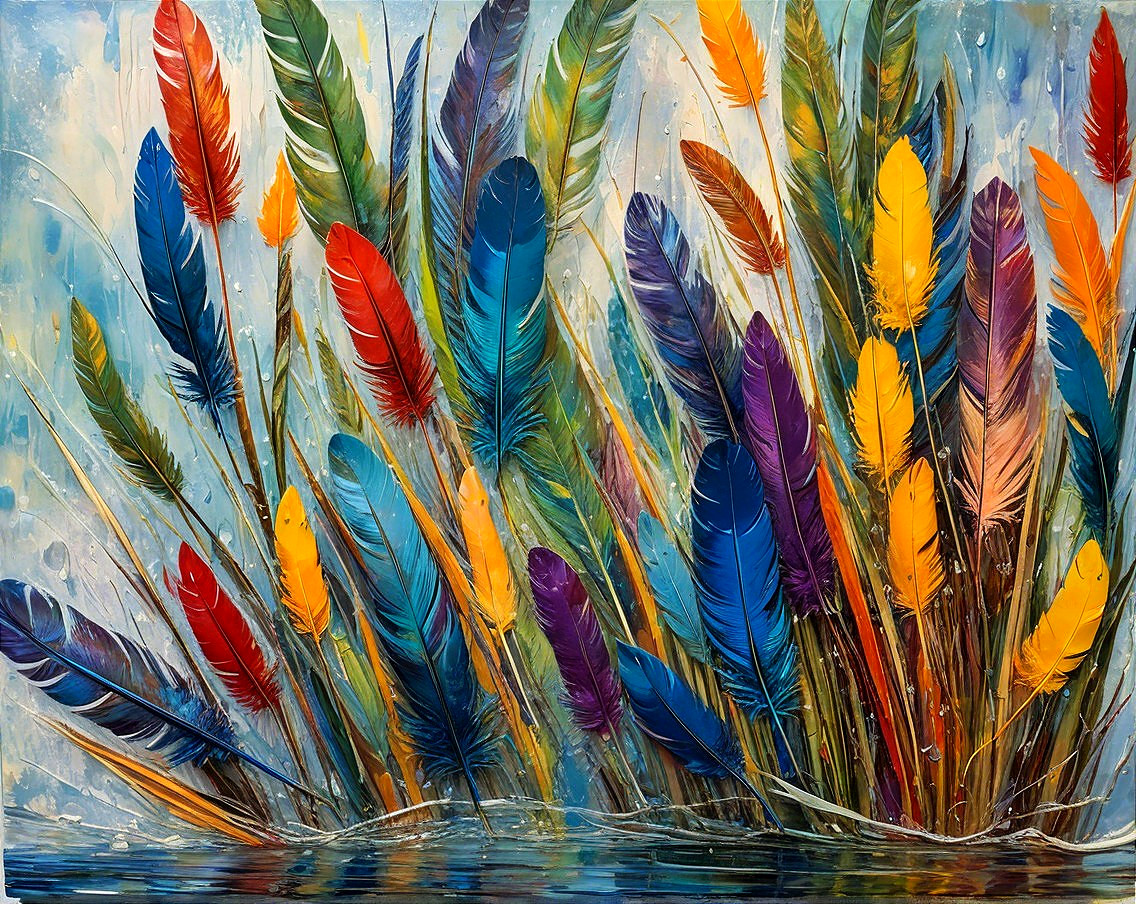 Vibrant Abstract Painting of Colorful Feathers