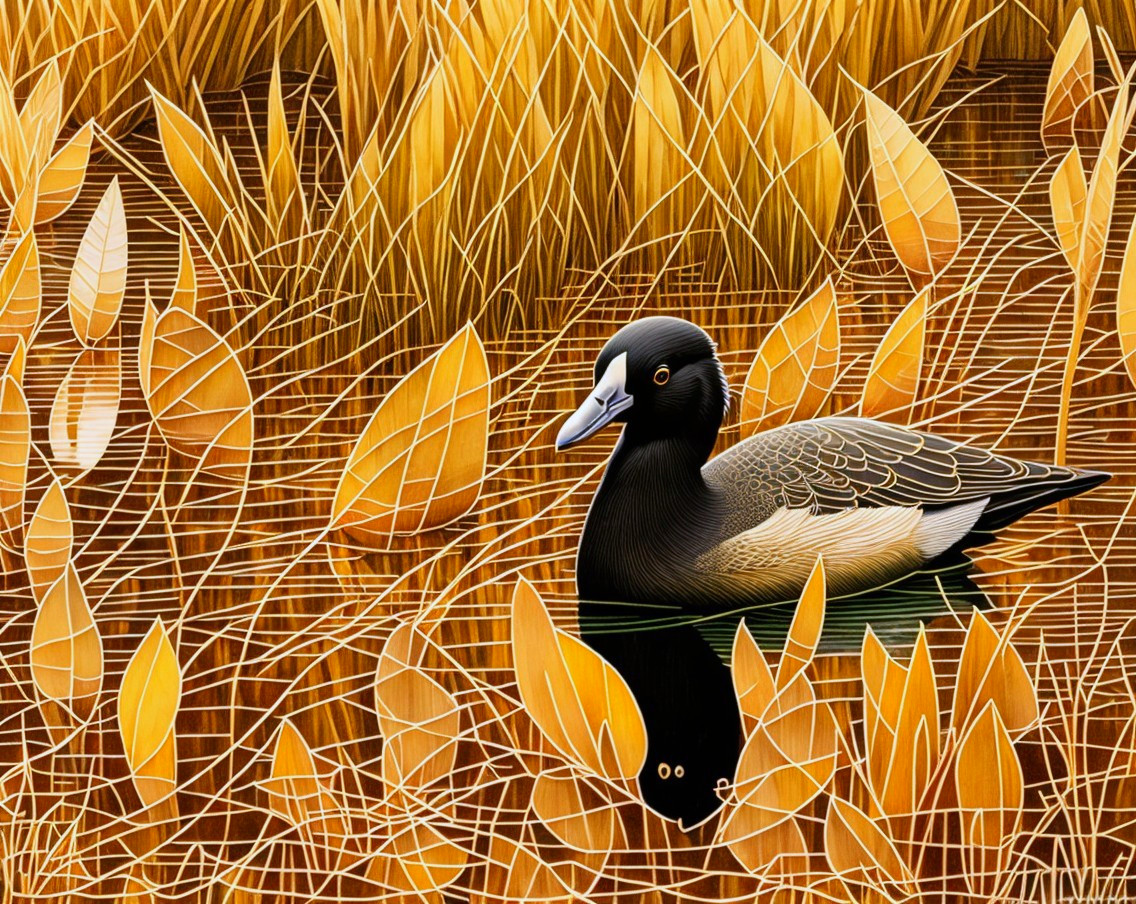 Stylized Duck Swimming in Autumn Waters with Reeds