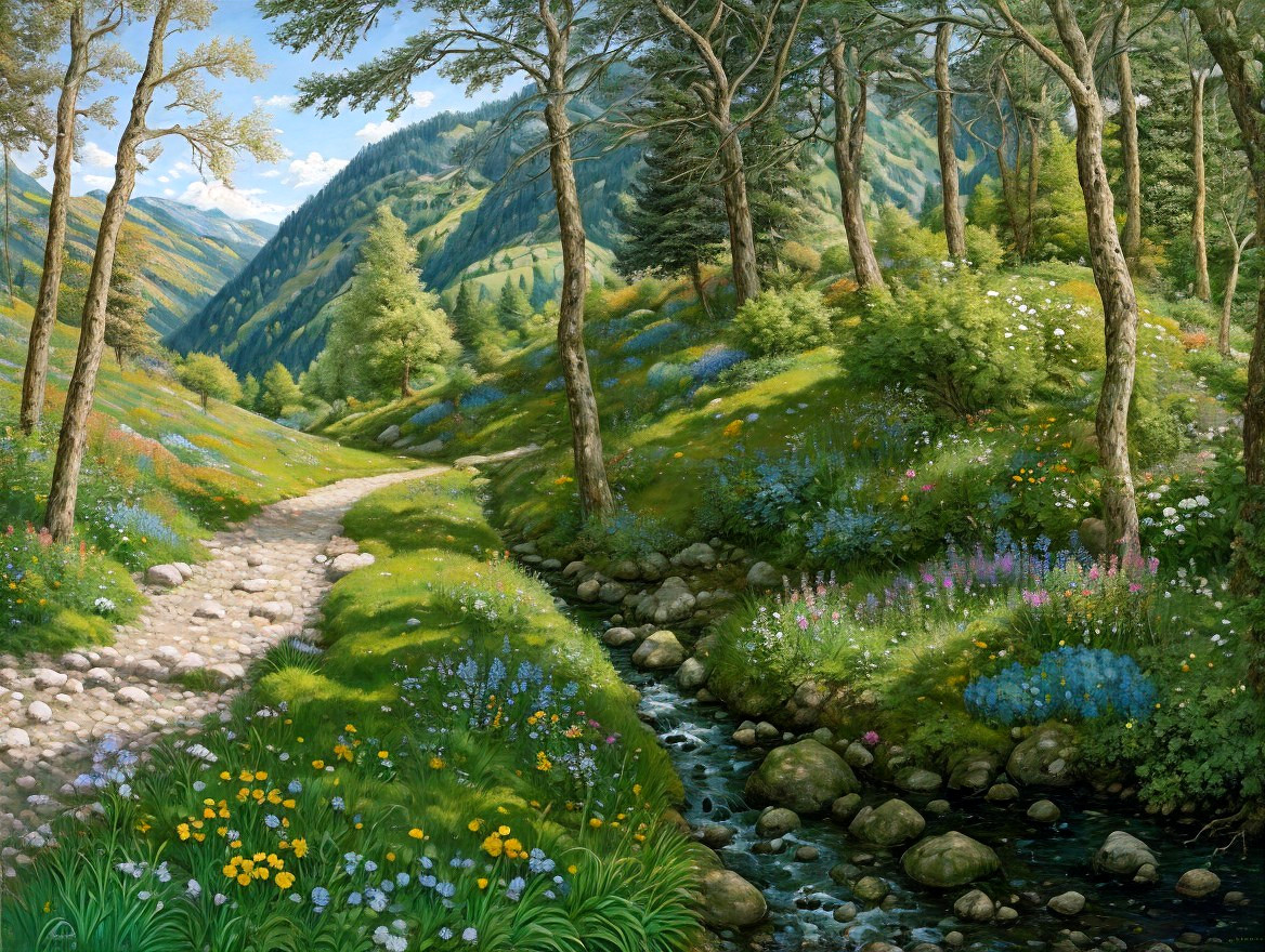 Serene Landscape with Stone Path and Forest Stream