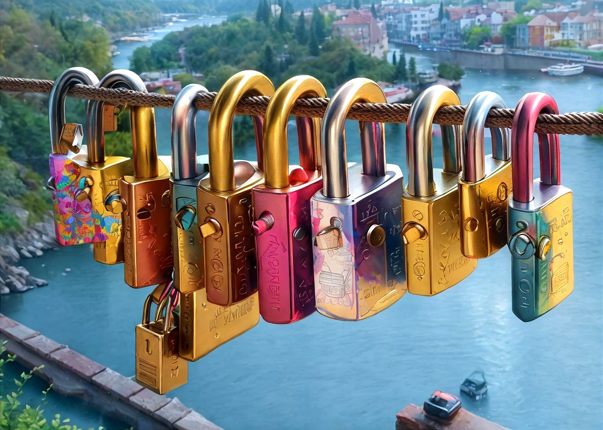 Colorful Padlocks Displayed Over Scenic River View