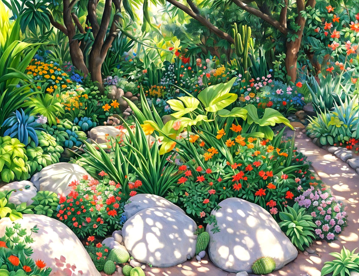 Vibrant Garden Scene with Colorful Flowers and Foliage