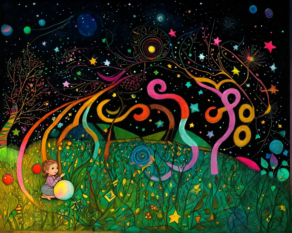 Young girl in vibrant colors under a starry sky
