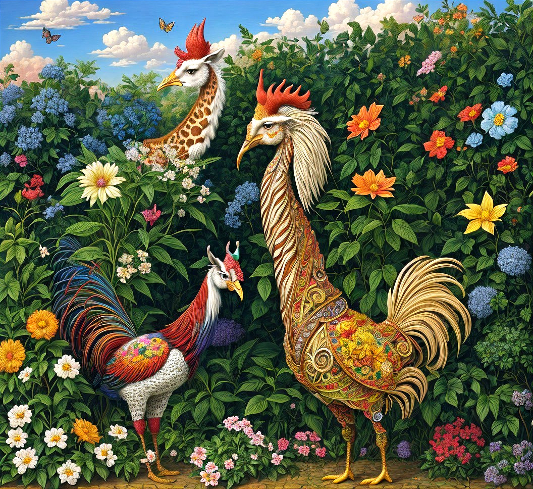 Colorful Birds in a Lush Surreal Garden Scene