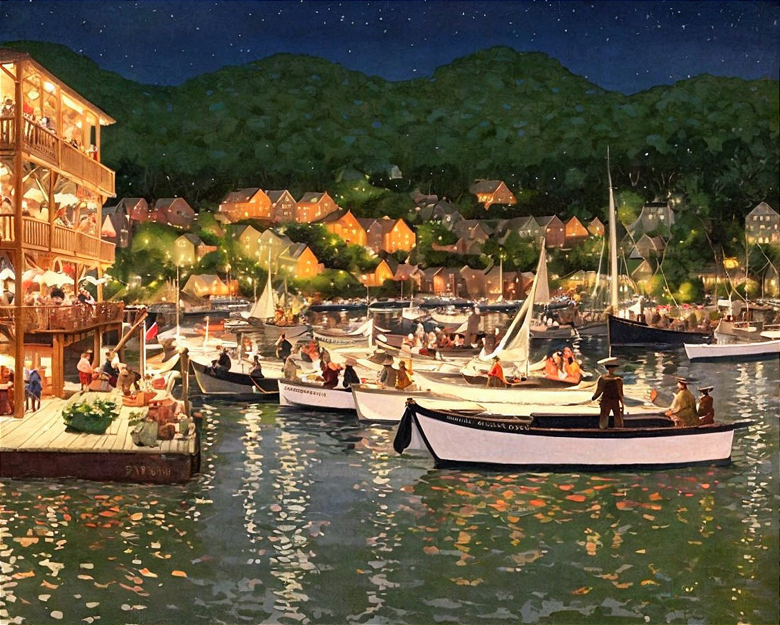 Lively Waterfront Scene with Boats and Illuminated Buildings