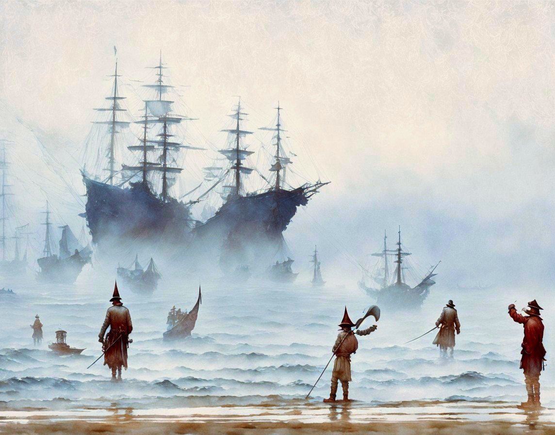 Foggy Seascape with Silhouetted Ships and Figures