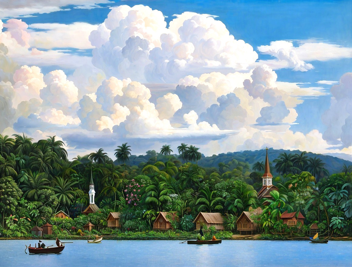 Lush Riverside Village with Traditional Wooden Houses