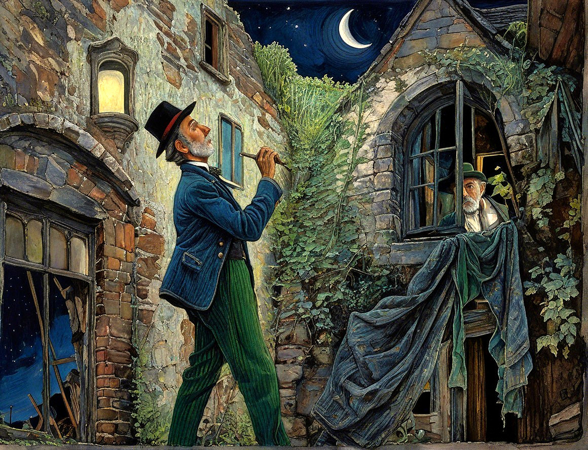 Moonlit Village Scene with Flute Player and Elderly Man