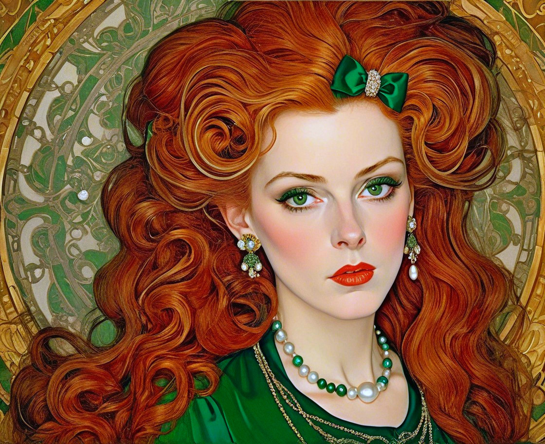Portrait of a woman with curly red hair and pearls
